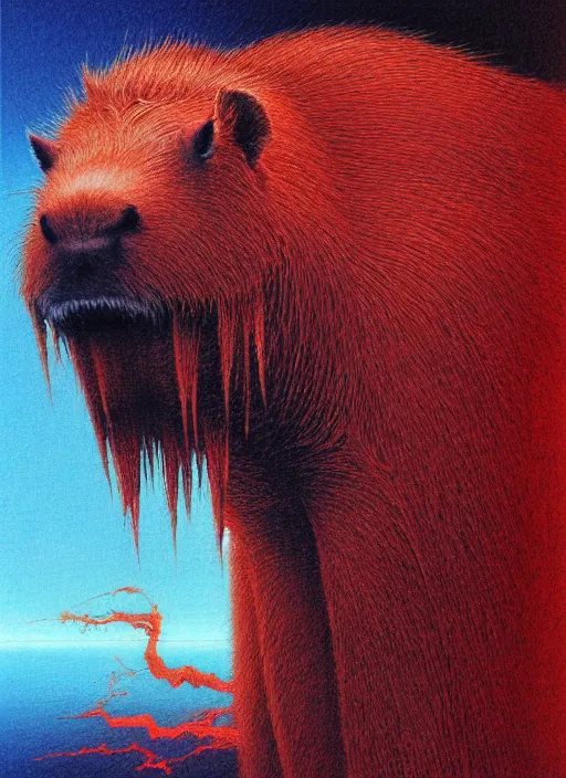 Prompt: a side view of spirit of chthonic demonic capybara with red eyes, on background red lake on fire, highly detailed, art by Ayami Kojima, Beksinski, Giger