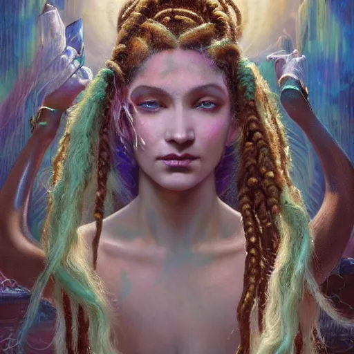 Image similar to birth of mami wata, sumerian goddess inanna ishtar, ashteroth, techno mystic goddess princess intergalactica, with aqua neon rapunzel dreadlocks, mami wata, detailed, by gaston bussiere, bayard wu, greg rutkowski, giger, maxim verehin, greg rutkowski, masterpiece, sharp focus,