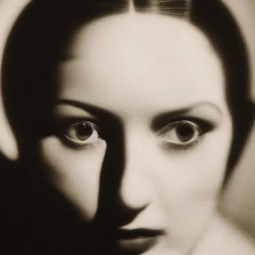 Prompt: close - up portrait of a mysterious woman with light and shadow on her face, by dora maar and man ray and lee miller, 1 9 3 4, photography, side lighting, cinematic lighting, very aesthetic, beautiful, light and shadow, masterpiece, black and white, tri - x 4 0 0