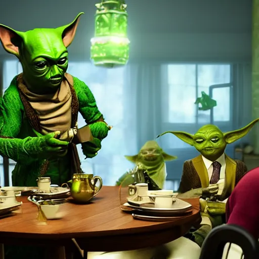 Prompt: green johnny dep with yoda ears at a tea party with c 3 po, greg rutkowski and jason chan highly detailed cinematic lighting octane render unreal engine