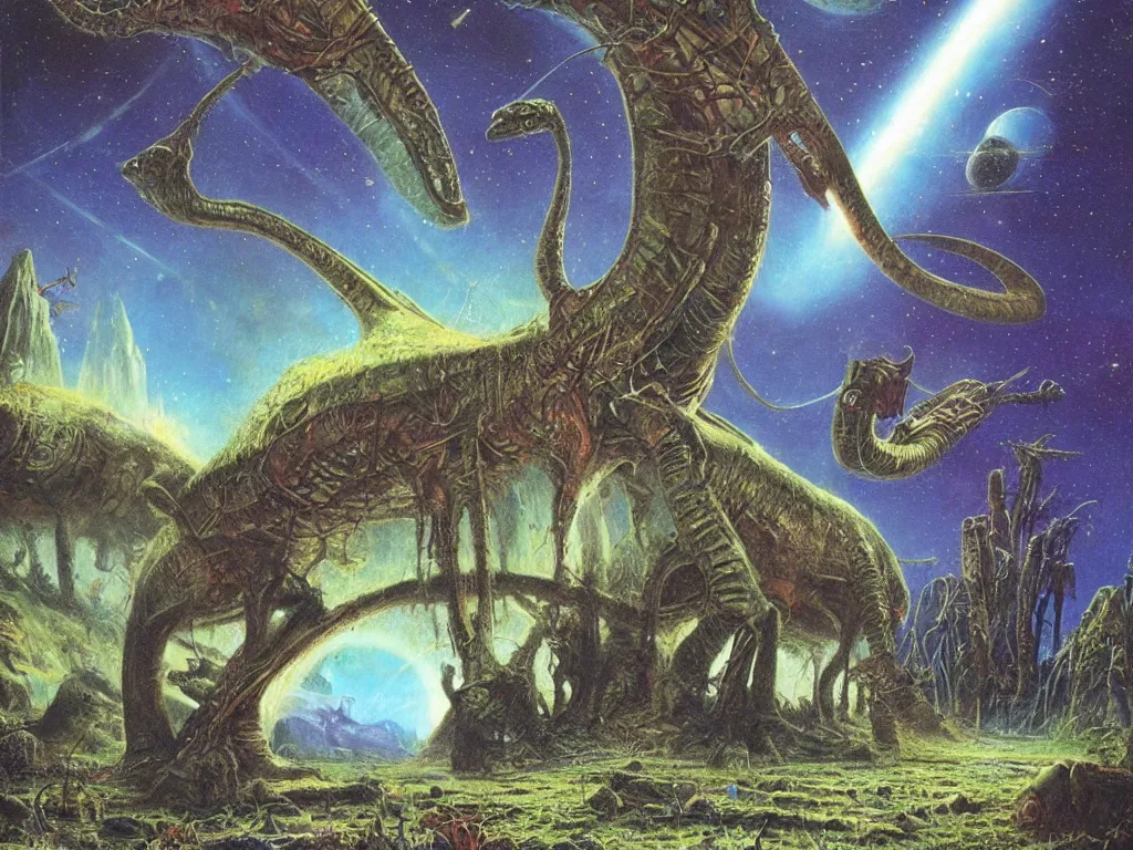 Image similar to no mans sky, acid, by bob eggleton, diplodocus