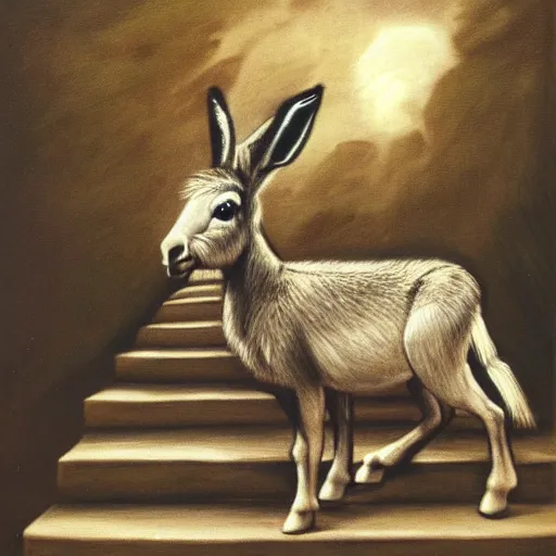 Image similar to a donkey and a hare, wolking on the stairs