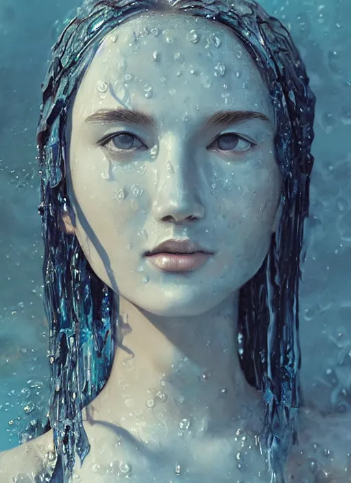 Image similar to sculpture made of water, girl portrait, future, shaman, harper's bazaar, vogue, magazine, wet, blue, concept art, ornate, luxury, elite, elegant, trending on artstation, by ruan jia, by Kenneth Willardt, by ross tran, by WLOP, by Andrei Riabovitchev,