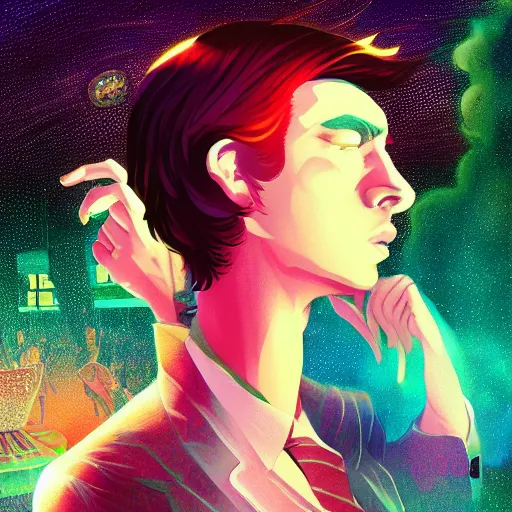 Prompt: fever of the night, a grime tale of the night fever, disco club of the occult, digital painting, artstation, ristan eaton, victo ngai, artgerm, rhads, ross draws, anime styled