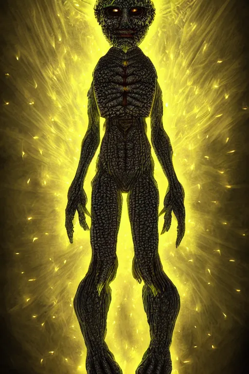 Image similar to corn dandelion humanoid figure monster, symmetrical, highly detailed, digital art, sharp focus, trending on art station, amber eyes, elemental glowing