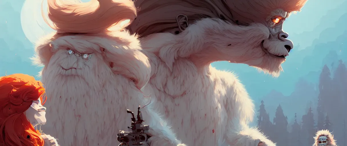 Image similar to beautiful artistic - wave highly detailed portrait yeti and bigfoot, with kitsune mask, long red hair, by atey ghailan, by greg rutkowski, by greg tocchini, by james gilleard, by joe fenton, by kaethe butcher, dynamic lighting, gradient light blue, brown, blonde cream and white color scheme, grunge aesthetic