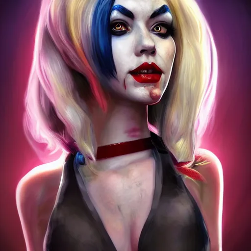 Prompt: harley quinn from the suicide quad, full body shot, fantasy, medieval, vivid colors, elegant, concept art, sharp focus, beautiful face, digital art, Hyper-realistic, 4K, Unreal Engine, Highly Detailed, HD, Dramatic Lighting by Brom, trending on Artstation