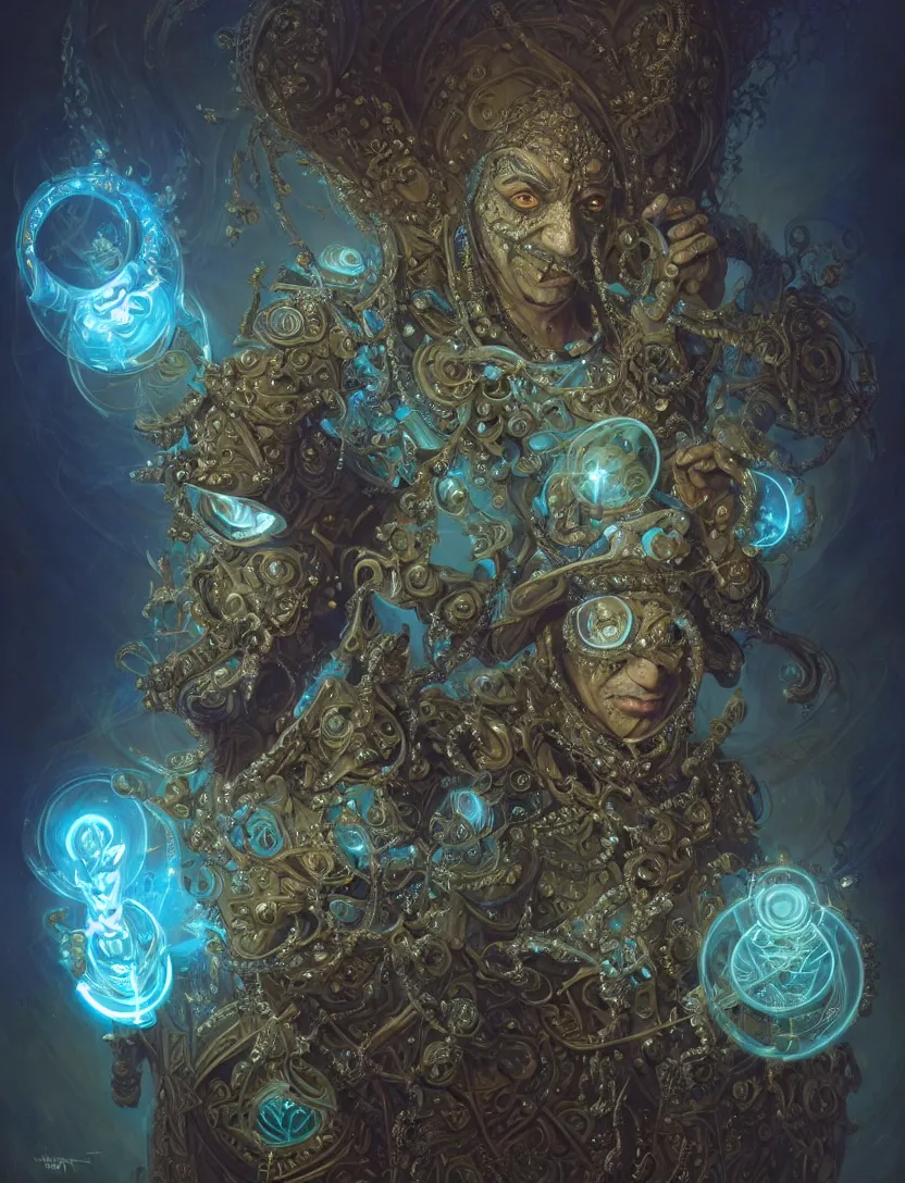 Image similar to front shot of a court jester character, hyperdimensional, bioluminescent hypercubes, dark holography!!!, (((intricate))), elegant, highly detailed, centered, (((artstation, concept art, smooth, sharp focus, artgerm, Tomasz Alen Kopera, Peter Mohrbacher, donato giancola, Joseph Christian Leyendecker, WLOP, Boris Vallejo))), mugshot!!!!!, ugly!!!!!!, octane render, nvidia raytracing demo, octane render, nvidia raytracing demo, octane render, nvidia raytracing demo, grainy, muted, 8K, digitalblasphemy, metatron