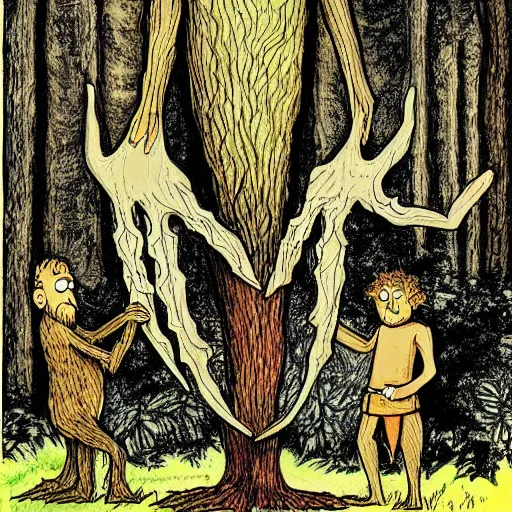 Prompt: a tall tree with arms, legs, and a beard holding two hobbits in his hand while in a forest surrounded by tall trees, illustrated by J.R.R Tolkien