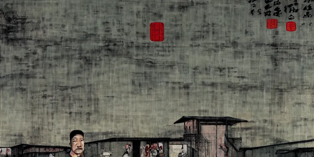 Image similar to a chinese prison near a river by peter doig, overlaid with chinese adverts