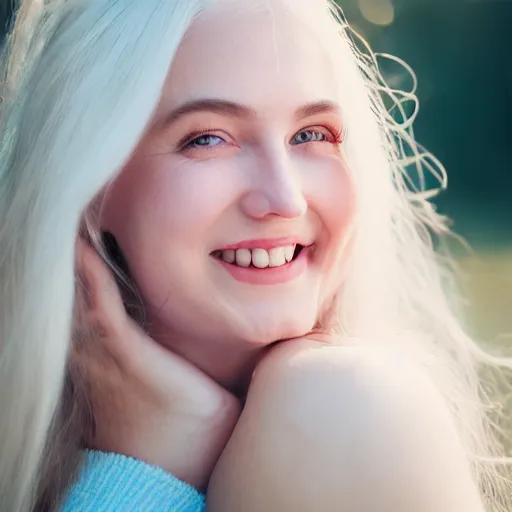 Image similar to beautiful hyperreal portrait of a cute thing young woman smiling softly, long white hair, flushed face, blue eyes, golden hour, soft focus, 8 k, portra 4 0 0