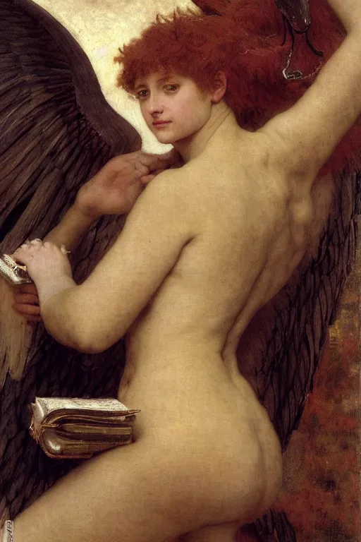 Prompt: a renaissance oil painting close shot portrait by alma tadema of a demon lucifer with large wings holding a book surrounded by lightning clouds descending upon foggy frost, colourful pastel, detailed academic bouguereau, high shadow, sharp focus
