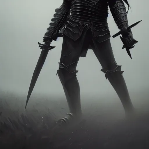 Image similar to black style knight with a powerful weapon, fog, dramatic lighting, cinematic composition, a fantasy digital painting by greg rutkowski and james gurney, trending on artstation, highly detailed, hyperrealistic, realistic, photorealistic, dynamic lighting, highly detailed, cinematic landscape, studio lighting