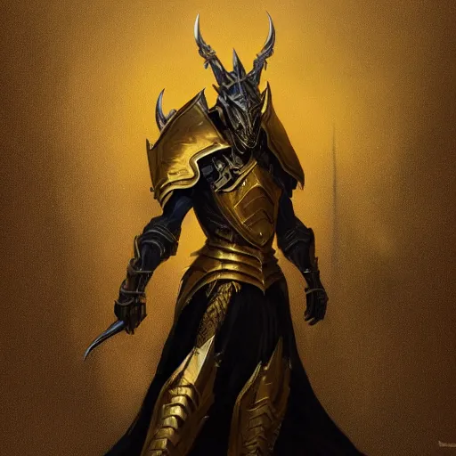 Prompt: anthropomorphic dragon warrior stands tall wearing black and gold plate armor, oil painting, Tooth Wu, Greg Rutkowski, RPG, dynamic lighting, fantasy art, High contrast, depth of field