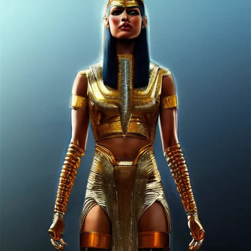 Image similar to full body portrait of the muscular Egyptian Android Pharaoh Queen, by DC comics and Sandra Chevrier and beeple, artstation, volumetric lighting and fog, hyperrealism, hyper detailed futuristic royalty, award winning costume design, cybernetic bionic ancient cyborg, fashion show runway, futuristic fine textures, woven with electricity, high fashion superpowers, floating dust particles, bokeh, mystic haze, 4k UHD, HDR