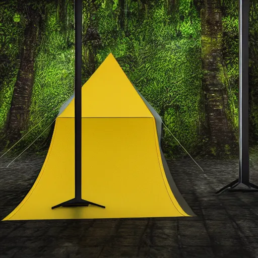 Image similar to photo studio rainforest with foggy background. yellow tent on floor. fisherman in balenciaga cloth, plastic bag and black mask. photorealistic high resolution, redshift render, 8 k