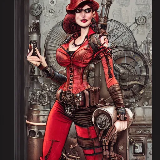 Image similar to Book steampunk red in the hands of a woman, Insanely detailed and intricate, hyper-realistic in the graphic style of Patrick Gleason, detailed art, trending on Artstation, sharp focus, comic art