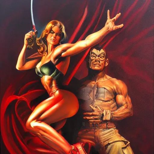 Image similar to detailed portrait of dare devil and dare angel intricate, hyper detailed, realistic, oil painting, by julie bell, frank frazetta, cinematic lighting