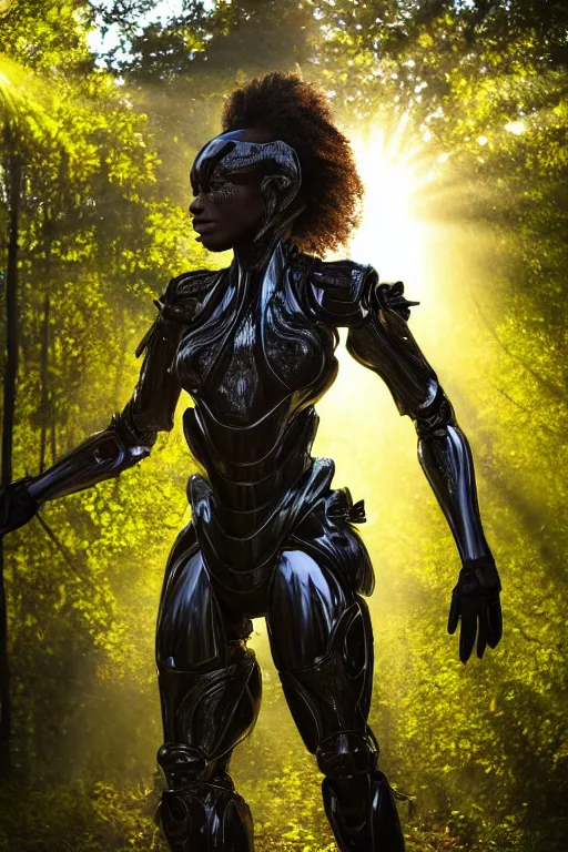 Prompt: hyperrealistic very beautiful black woman highly detailed exoskeleton armor in a forest sun behind her god rays concept art eric zener elson peter dramatic light low angle hd 8k sharp focus