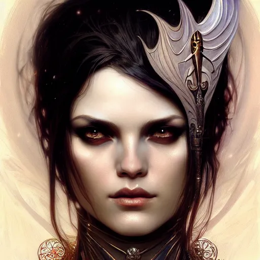 Prompt: Portrait of female sorceress, dark fantasy, medium shot, intricate, elegant, highly detailed, digital painting, artstation, concept art, smooth, sharp focus, illustration, art by karol bak, artgerm and greg rutkowski and alphonse mucha