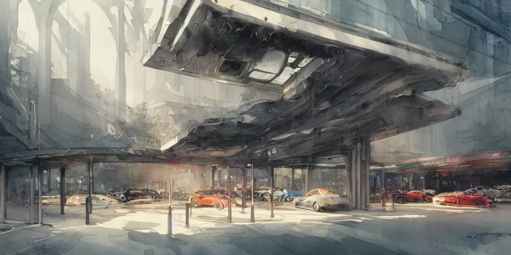 Prompt: a beautiful insanely intricate watercolor illustration of modern parking station, reflexions, colorfull, by william turner art, by greg rutkowski, by james jean, by rossdraws, by frank franzzeta, by sakimichan, by edmund dulac, trending on artstation, insanely detailed, masterpiece,