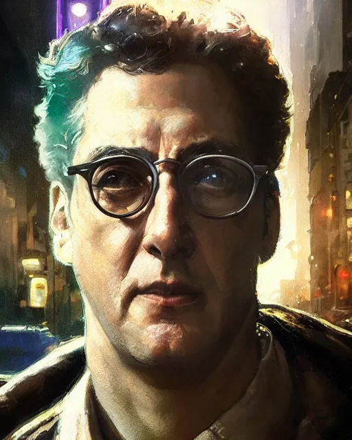 Image similar to harold ramis, hyperrealistic portrait, bladerunner street, art of elysium by jeremy mann and alphonse mucha, fantasy art, photo realistic, dynamic lighting, artstation, poster, volumetric lighting, very detailed face, 4 k, award winning