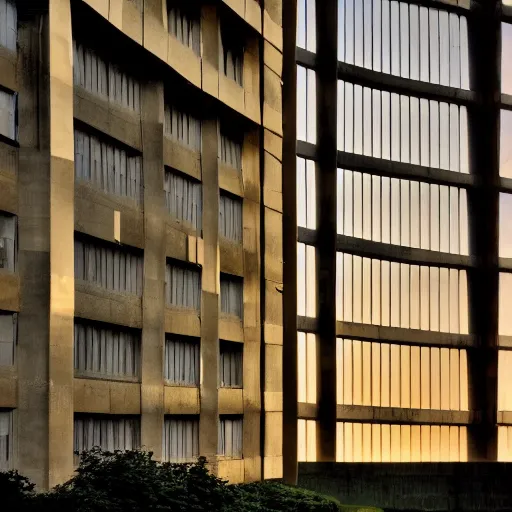 Prompt: Beautiful Photograph of a Brutalism Building, lowshot, golden-hour