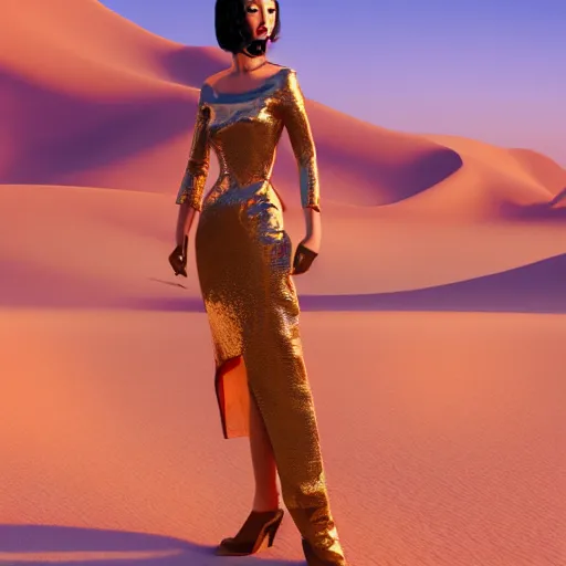 Image similar to innovative avant-garde art, deco fashion, asian women, highly detailed, photorealistic portrait, serene desert setting, golden hour, crisp quality and light reflections, unreal engine 5 quality render