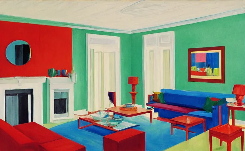 Prompt: Interior shot of a white boujee mansion with modern colorful furniture, very coherent, painted by Edward Hopper, painted by DotPigeon airbrush, art by David Hockney