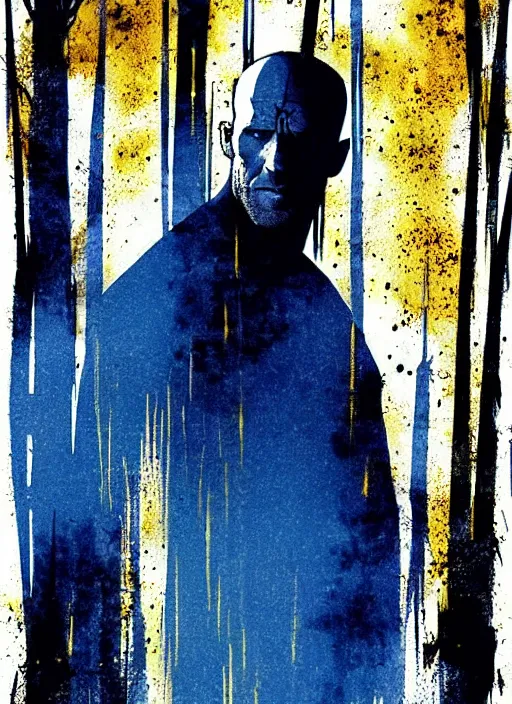 Image similar to horror art, jason statham vampire hunter, blue and gold trees in the background, art by jock