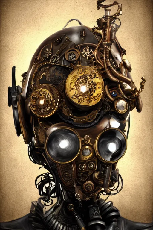 Image similar to steampunk helmet fantasy art mask robot ninja stylized digital illustration sharp focus, elegant intricate digital painting artstation concept art global illumination ray tracing advanced technology chaykin howard and campionpascale and cooke darwyn and davis jack