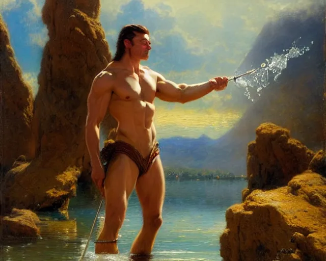 Image similar to muscular magician man, casting water magic, making waves rise from a beautiful lake. highly detailed painting by gaston bussiere, craig mullins, j. c. leyendecker 8 k