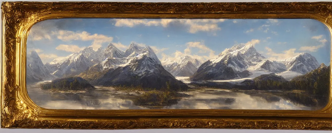 Prompt: A glacier flows through the mountains, golden hour, reflections, clouds, trees, snow, classic painting, award winning, high detail