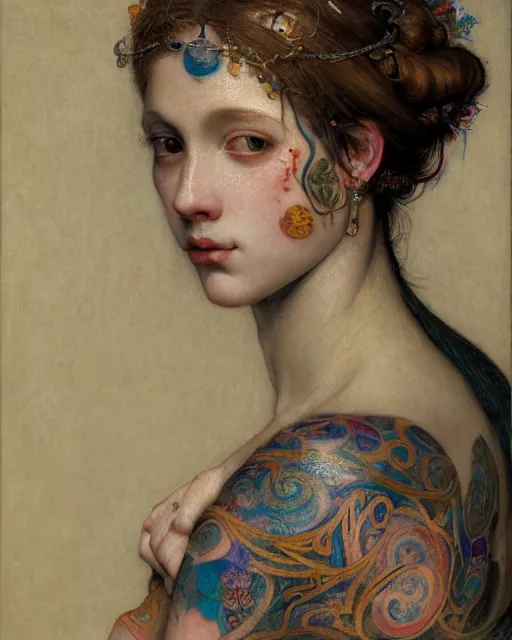 Prompt: close up of a beautiful girl with intricate colourful tattoos, by edgar maxence and caravaggio and michael whelan and delacroix style, artistic, intricate drawing, light brazen, realistic fantasy, extremely detailed and beautiful aesthetic face, 8 k resolution, dramatic lighting