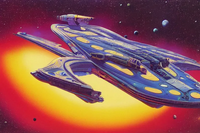 Prompt: elegant spaceship cruising between planets, fluid, smooth, bright saturated colours, high contrast, sharpness, very detailed, intricate, by angus mckie, colin hay, stewart cowley, john berkey