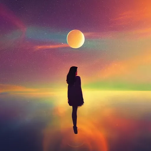 Image similar to A picture of a planet of various colors and plants, in which the human figure is dressed in something magical and impressive, inside the picture is infinity, sunset light, Atmospheric phenomenon, artistic photography, muted colors, conceptual