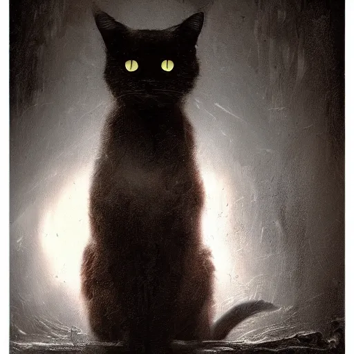 Prompt: a cat in a world full of ghosts, professional photo, professional lighting, trending on artstation, hdr, by albert bierstadt, well detailed, horror in the style of stephen king, dark, mysterious, sinister