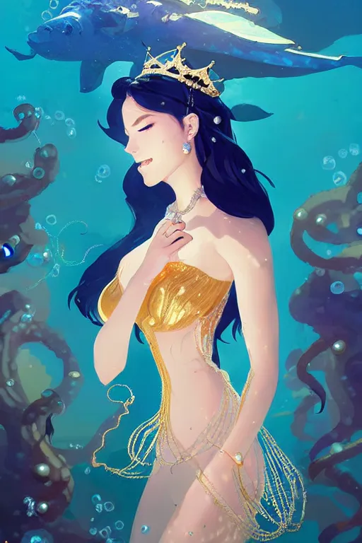 Image similar to portrait of a beautiful queen of the ocean with pearl and gold and crystal jewelry in complex and shiny dress made by jellyfish, by ross tran and atey ghailan, by greg rutkowski, by greg tocchini, by james gilleard, by joe fenton, by kaethe butcher, dynamic lighting, grunge aesthetic