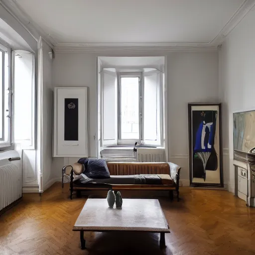 Image similar to hd photo of a vast room in a flat, designed by henri matisse, daylight, whitespace, excellent lighting, high detail 8 km photorealism