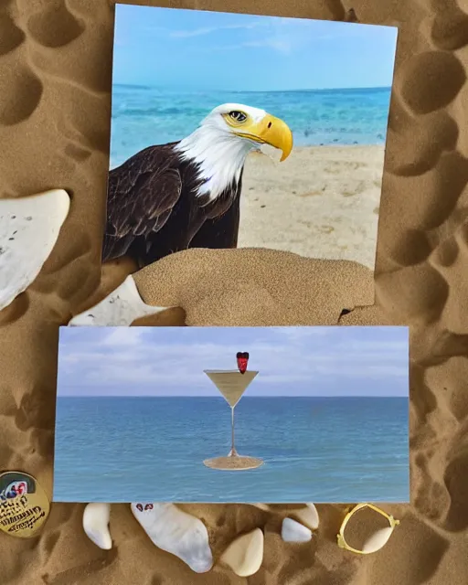 postcard showing a cool sea eagle perched on a beach Stable