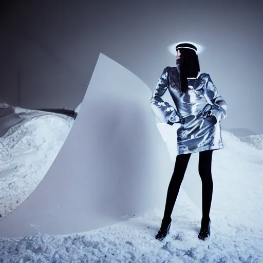 Prompt: medium format photograph of a surreal fashion shoot in the snow at night with camera flash