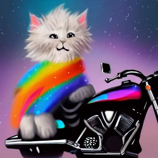 Image similar to wide angle full body, jacket wearing fluffy cute rainbow kitten wearing a black leather motorcycle jacket, riding on a motorcycle, cinematic concept art