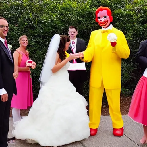 Prompt: a wedding officiated by ronald mcdonald