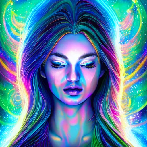 Image similar to a galaxy colored psychedelic chakra awakening kundalini ethereal portrait of kim petras with her eyes closed transcending to a higher plane of existence, eternal blessing, multiverse, by android jones, by ben ridgeway, visionary art, by artgerm, featured on artstation, cgsociety, by greg rutkowski