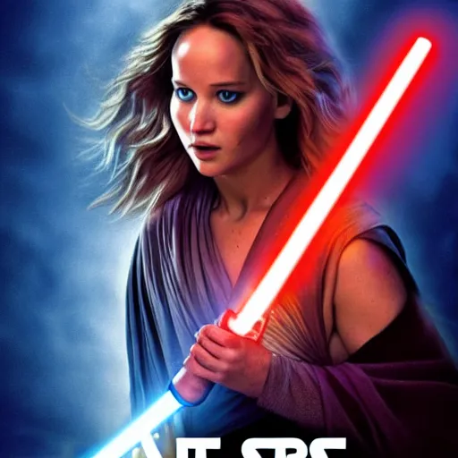 Image similar to jennifer lawrence as a jedi holding up a blue lightsaber, very dark background, official new star wars episode xi movie poster from lucas arts, perfect symmetrical face, full moon, moody lighting, 8 k, shallow depth of field, intricate detail,