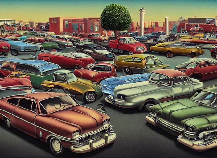 Prompt: car lot, lowbrow, matte painting, 3 - d highly detailed, in the style of mark ryden,