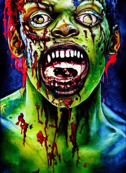 Image similar to african american zombie hollywood artwork professional acting headshot, hyperrealism, intricate detail, studio lighting, charming expression gesicht, hauntingly beautiful zombie, watercolor art, epic, legendary, drawn and painted, colored layers, dulled contrast, exquisite fine art, splatterpaint