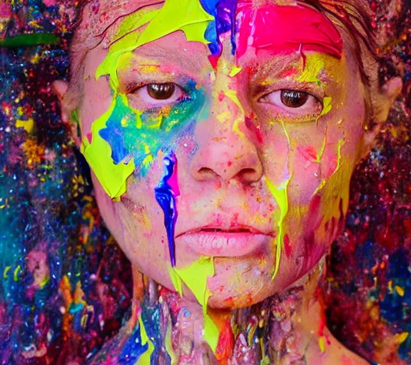 Image similar to still shot footage of a portrait of a female angel's head made of acrylic pour and coloured powder explosion and splashing paint and dripping paint and flying paint chunks, closing eyes, motion blur, hyperrealistic, medical, intricate art photography, anatomically correct, realistic crisp textures, 1 6 k