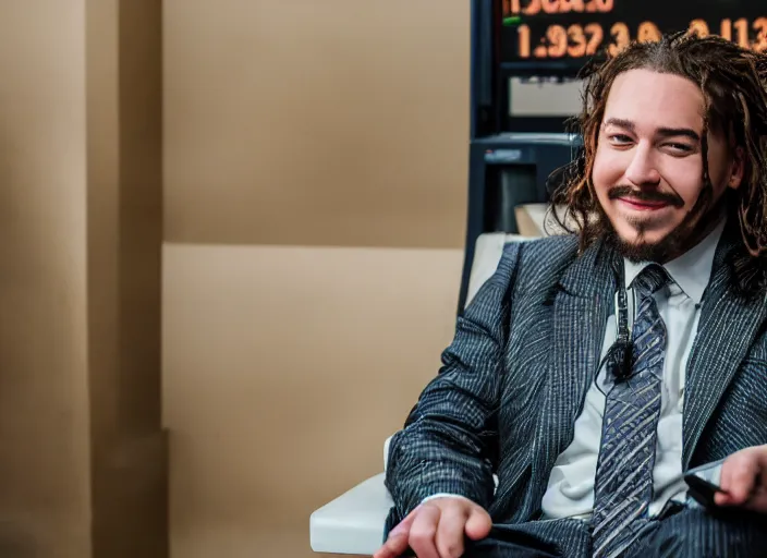 Image similar to dslr photo still of post malone as a stock broker, 8 k, 8 5 mm f 1 6