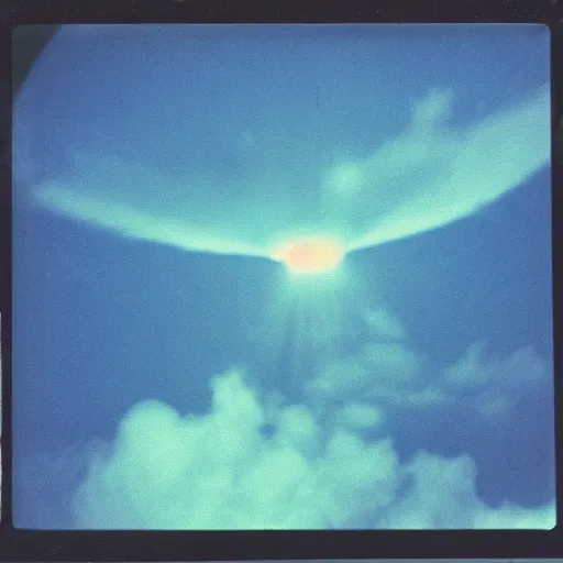 Image similar to Blue light in the sky, flying over rural Vietnam, UFO, orb, blue orb, night, 1969, Polaroid